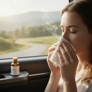 A person holding a tissue infused with ginger essential oil to inhale the scent for quick motion sickness relief.