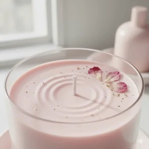 Close-up of the smooth soy wax and cotton wick of a premium luxury peony candle.