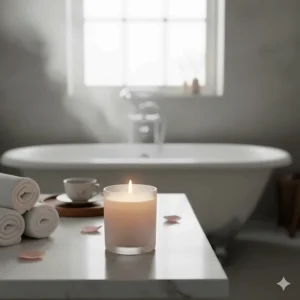 A lit luxury rose candle creating a relaxing spa atmosphere on a marble bathroom vanity.