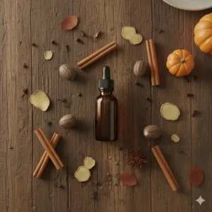 Flat lay of essential oil ingredients including cinnamon bark, ginger root, clove, and nutmeg.