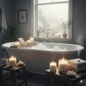 A spa-like bathroom setup featuring glowing jasmine scented candles for aromatherapy relaxation.