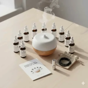 Detailed illustration showing the items included in a high-value essential oil starter kit.