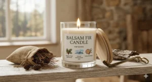 An illustrated guide showing the fragrance profile of a balsam fir candle, highlighting notes of fresh pine needles, cold mountain air, and cedarwood.