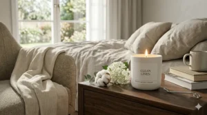 A digital drawing of clean linen candles creating a relaxing atmosphere in a bright bedroom.