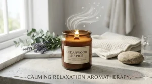 A minimalist illustration showing the calming aromatherapy benefits of burning cedarwood candles for stress relief.