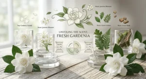 Infographic showing fragrance notes of fresh gardenia, jasmine, and green leaves.