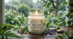 Illustration of a fresh rain candle surrounded by green leaves and clear water droplets.