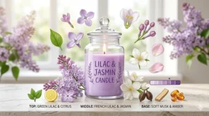 An infographic showing the floral scent notes of spring lilac candles including jasmine and rose.