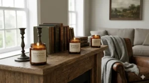 Three mahogany teakwood candles burning on a fireplace mantel in a cozy living room.
