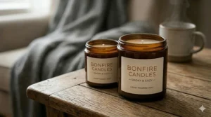 A bonfire candle placed on an outdoor patio table under string lights to mimic a real campfire.