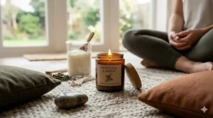 A lit patchouli essential oil candle placed near a yoga mat to create a grounding atmosphere.