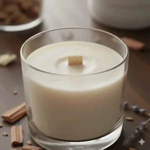Close-up of premium soy wax in a luxury sandalwood candle, showing smooth texture and high-quality cotton wick.