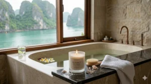 Relaxing bathroom scene featuring sea salt spa candles lit next to a soaking tub.