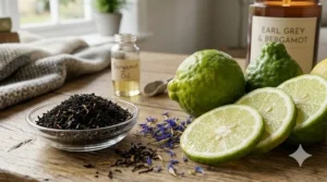 Raw bergamot orange slices and dried loose-leaf black tea used in earl grey bergamot candles.