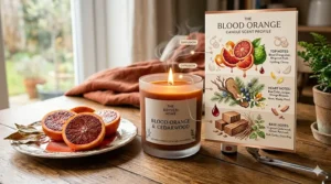 Infographic showing scent notes of blood orange candles including citrus, bergamot, and cedarwood.