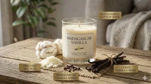 A photorealistic 4K photograph displaying the organic materials of a Madagascar vanilla candle on rustic wood, including sustainable soy wax, a cotton wick, raw vanilla seeds, and cured vanilla beans with small identifying plaques, under natural daylight.