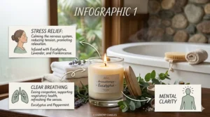 Infographic showing the aromatherapy benefits of eucalyptus spa candles for stress relief and clear breathing.
