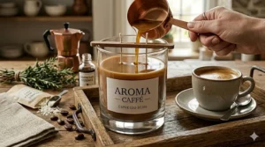 Close-up of hand-poured soy wax espresso candle with a minimalist label and cotton wick.