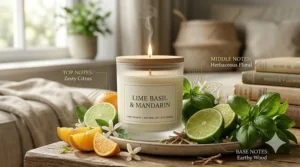 Illustration showing the aromatic scent notes of lime basil candles including citrus and herbs.
