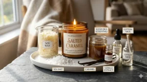 Illustration showing the scent notes of a salted caramel candle including sea salt, burnt sugar, and vanilla bean.