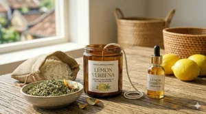 Eco-friendly soy wax flakes and dried verbena leaves used in making lemon verbena candles.