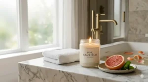 A lit pink grapefruit soy candle placed on the marble edge of a bathtub next to fresh grapefruit and a white towel for a relaxing spa experience.