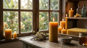 A burning raw honey taper candle in a clean, modern living room symbolizing natural air purification.