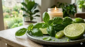 Fresh green basil leaves and juicy sliced limes next to an unlit artisan basil lime candle.