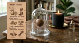 Scent profile diagram for black leather candles showing top, middle, and base fragrance notes like amber and cedarwood.