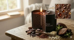 A cross-section illustration of a candle showing scent notes of rich dark chocolate, Madagascar vanilla, and roasted espresso.