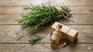 A flat lay of fresh rosemary needles and a bottle of essential oil used for candle making.