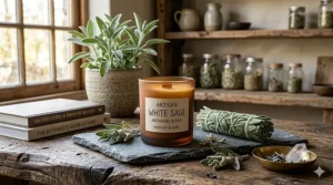 A hand-poured white sage candle in a glass jar with a minimalist label.