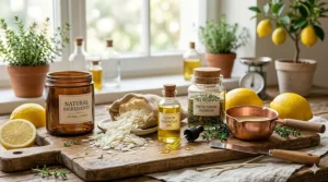 An illustration detailing the natural ingredients of lemon thyme candles, including organic soy wax, lemon slices, and fresh herbal thyme.