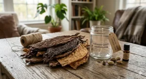 An illustration of rich brown, textured tobacco leaves used as the primary fragrance note for candles.