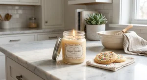 Scented sugar cookie candles placed on a white marble kitchen counter next to a wooden cutting board.