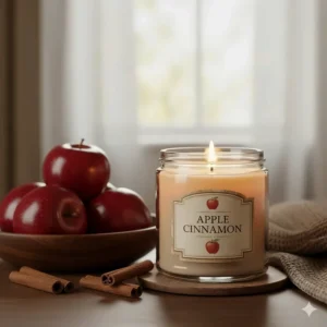 A burning wick of an apple cinnamon candle next to a bowl of fresh red apples, emphasizing the classic fall candle scents.