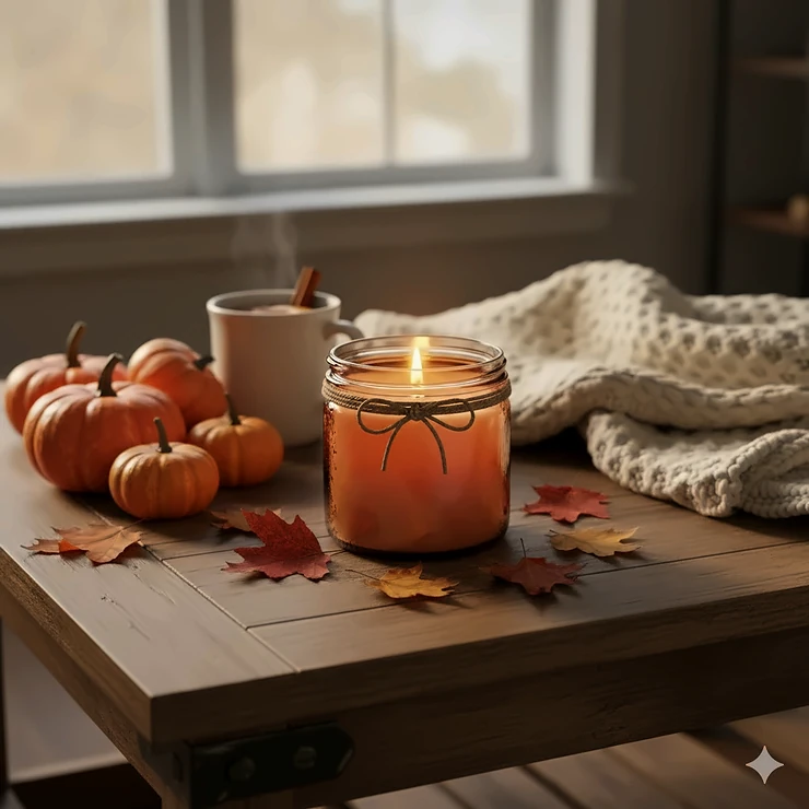 A beautiful display of autumn scented candles glowing on a rustic table next to seasonal decor, creating a warm and cozy atmosphere.
