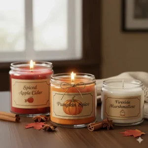 A curated set featuring several of the season’s best autumn scented candles in various glass jars.