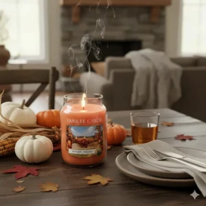 A table setting incorporating a burning Yankee Candle from the autumn scent selection, adding warmth to the holiday decor.