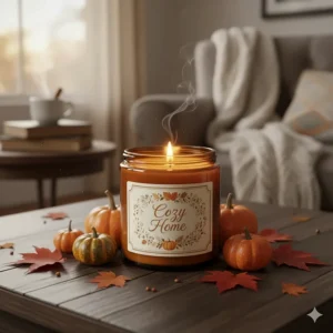 A drawing illustrating the ambiance that these autumn scented candles bring to a warm, cozy home environment.