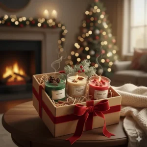 A beautifully wrapped gift set of three best scented candles for Christmas in various holiday fragrances.