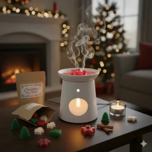 Holiday-themed scented wax melts and a wax warmer, a popular alternative to traditional Christmas candles.