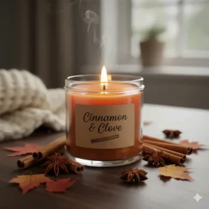 A cozy arrangement highlighting the warm aroma of cinnamon and clove, often found in the best autumn scented candles.