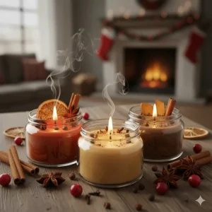 Group of miniature scented candles with holiday spices like cinnamon sticks and star anise.