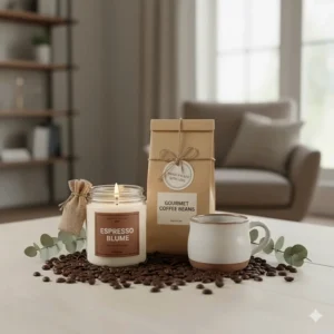 A beautifully arranged gift set featuring a coffee scented candle along with a bag of gourmet coffee and a small ceramic mug.