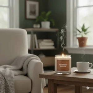 Image of a coffee scented candle fully lit, contributing to a relaxing atmosphere in a living room, acting as warm home decor.