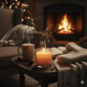 A burning scented candle illuminating a cozy winter scene with a plaid blanket and hot cocoa, ideal Christmas home decor.