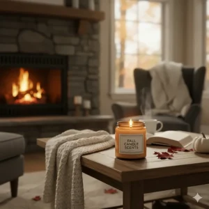 A warm, inviting living room scene with a throw blanket and a lit fall candle scents creating a cozy atmosphere.