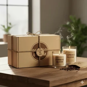 Detailed view of the sustainable, eco-friendly packaging and labeling for the new line of coffee scented candles.