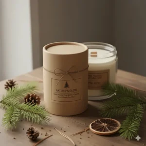 Eco-friendly and minimal brown paper packaging for a pine scented candle, highlighting sustainability.